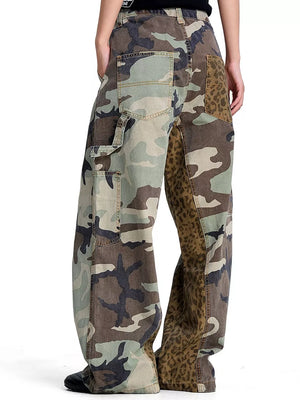 Army Green with Men's Camouflage Leopard Patchwork Cargo Pants