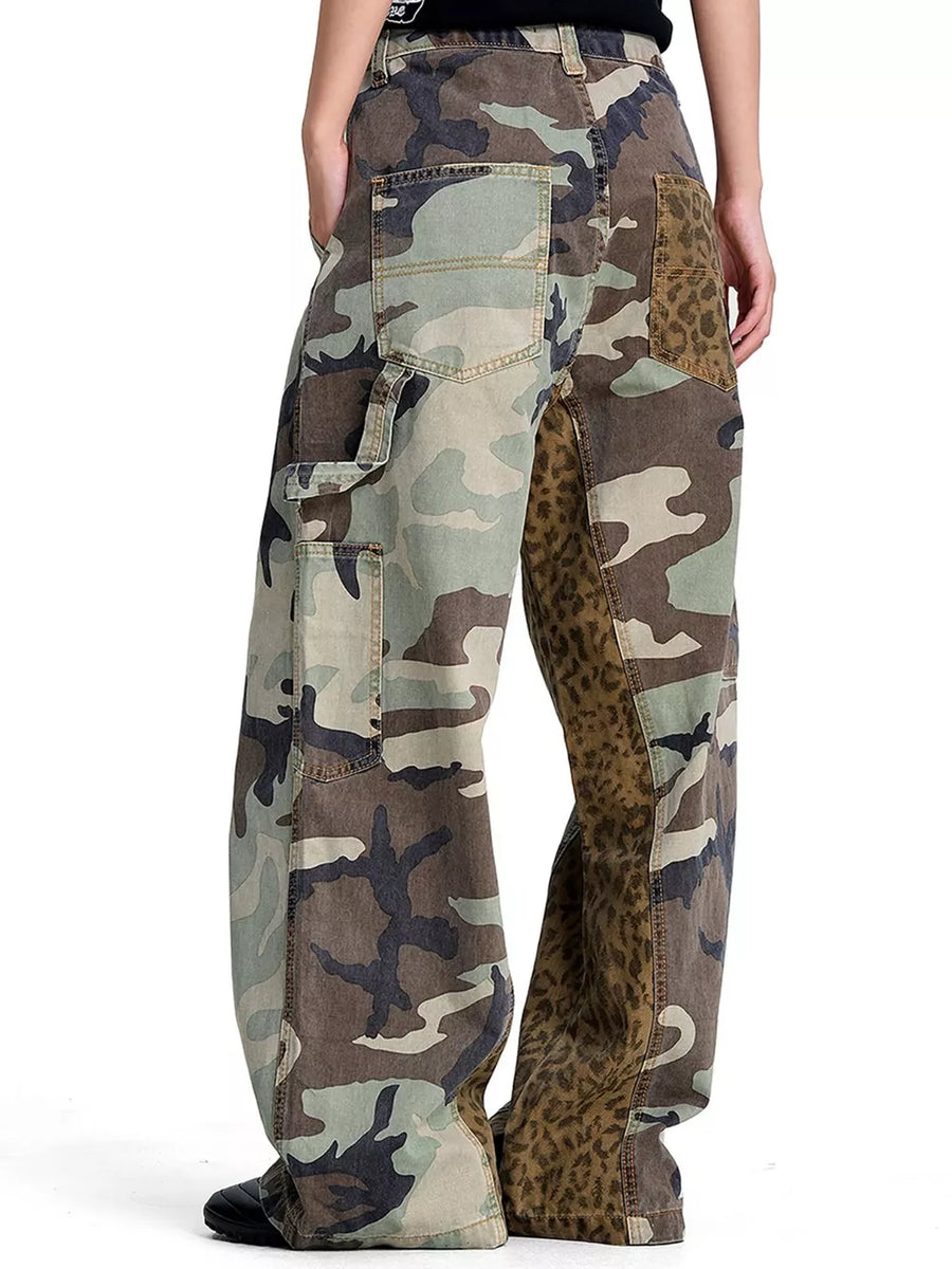Army Green with Men's Camouflage Leopard Patchwork Cargo Pants