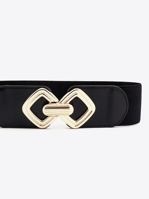 Black elasticated belt with gold geometric buckle detail