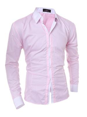 Men's slim fit pink long sleeve shirt with white collar and cuffs