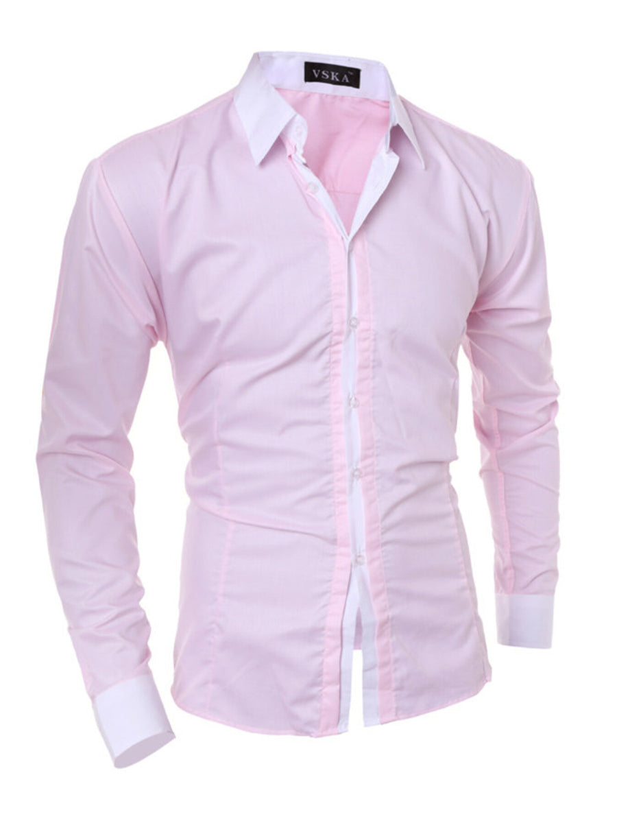 Men's slim fit pink long sleeve shirt with white collar and cuffs