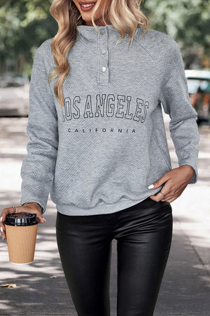 Textured grey henley sweatshirt with Los Angeles graphic and button neck