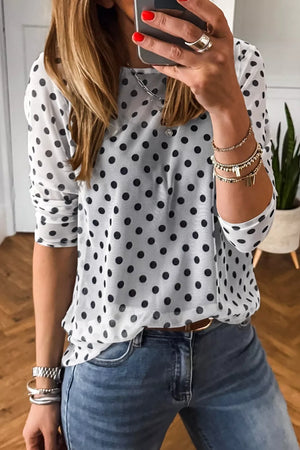 White Polka Dot Sheer Mesh Long Sleeve Shift Top