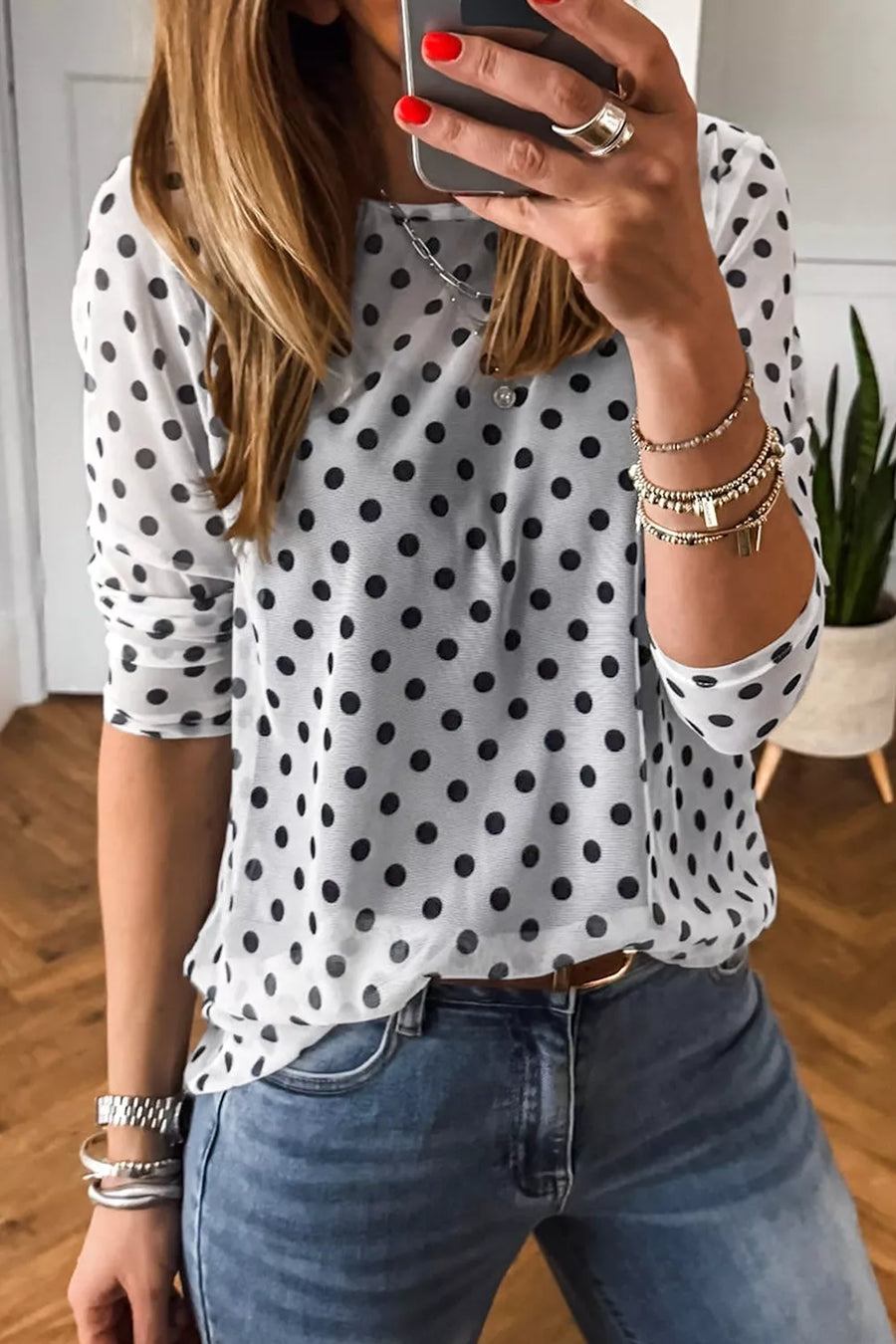 White Polka Dot Sheer Mesh Long Sleeve Shift Top