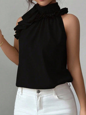 Black ruffled high neck sleeveless top with delicate ruffle trim.