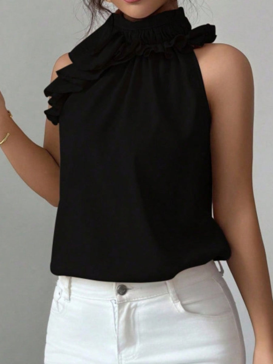 Black ruffled high neck sleeveless top with delicate ruffle trim.