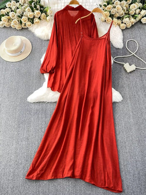 Red embroidered floral two-piece set with collared long sleeve top and spaghetti strap maxi dress.