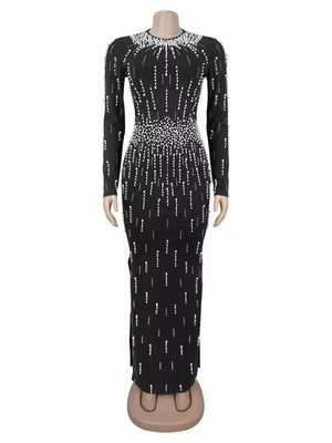 black maxi dress with pearl embellishment and long sleeve