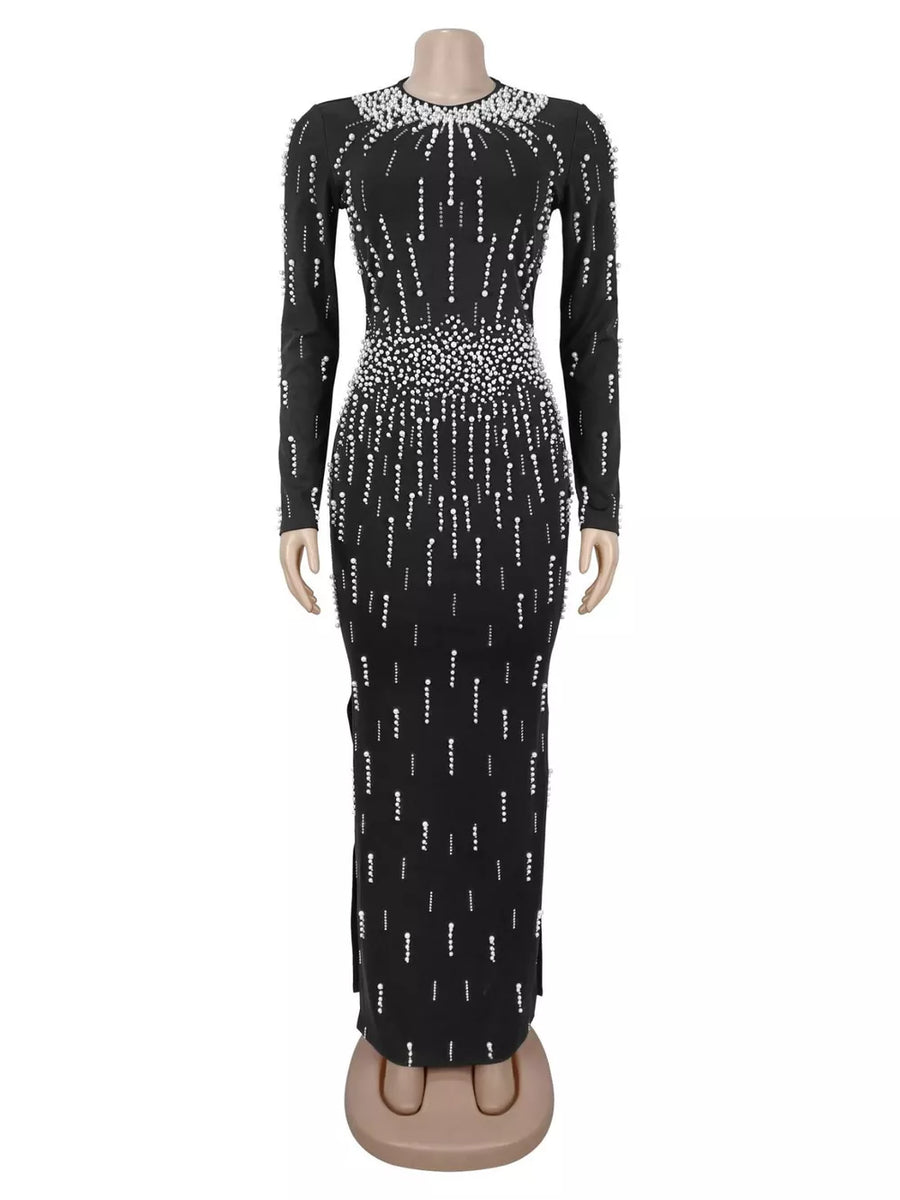 black maxi dress with pearl embellishment and long sleeve
