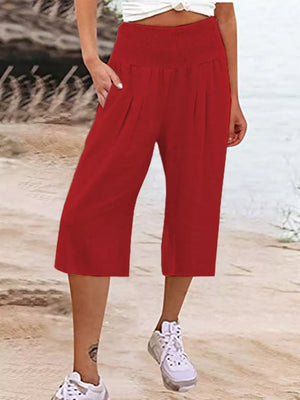 Red linen blend cropped pants with smocked waist and pockets