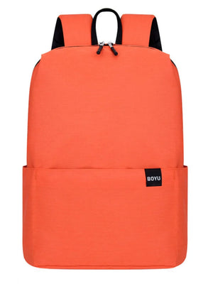 Orange textured backpack with minimalist design and black label