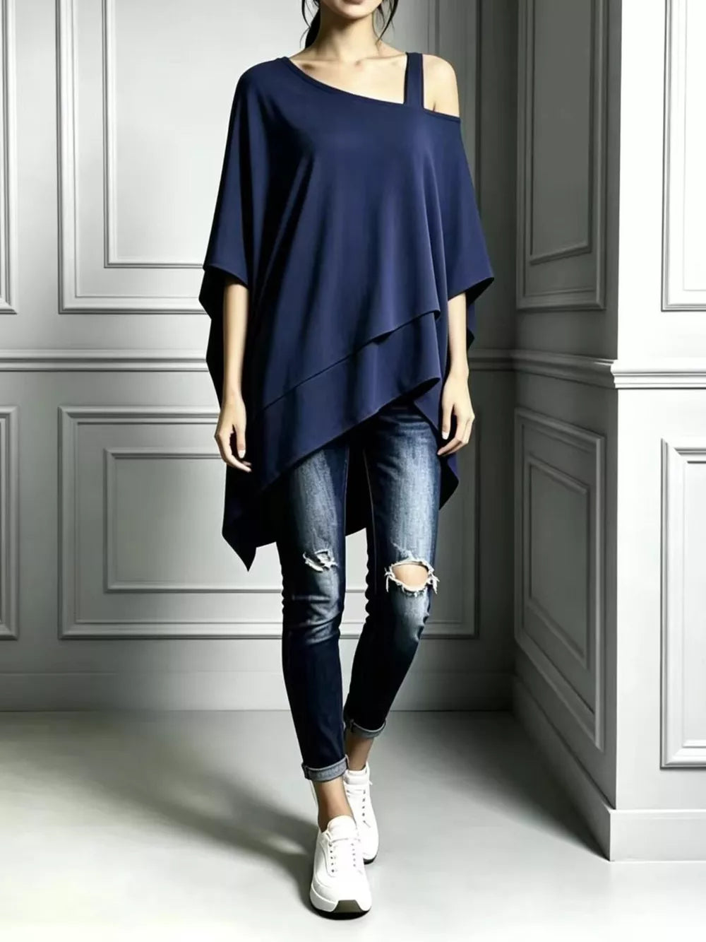 Navy Full Size Asymmetrical Neck Short Sleeve T-shirt Plus Size
