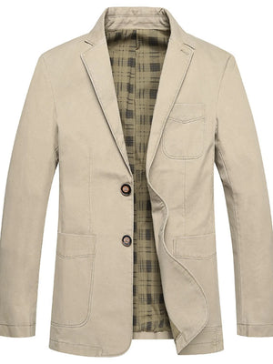Men's light khaki cotton button-up casual blazer with plaid lining and two-button closure.