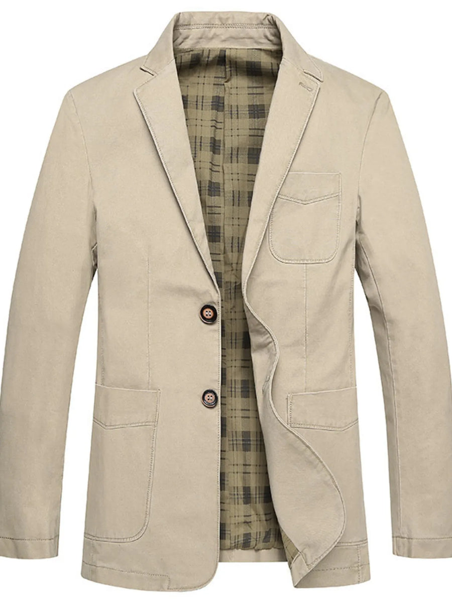Men's light khaki cotton button-up casual blazer with plaid lining and two-button closure.