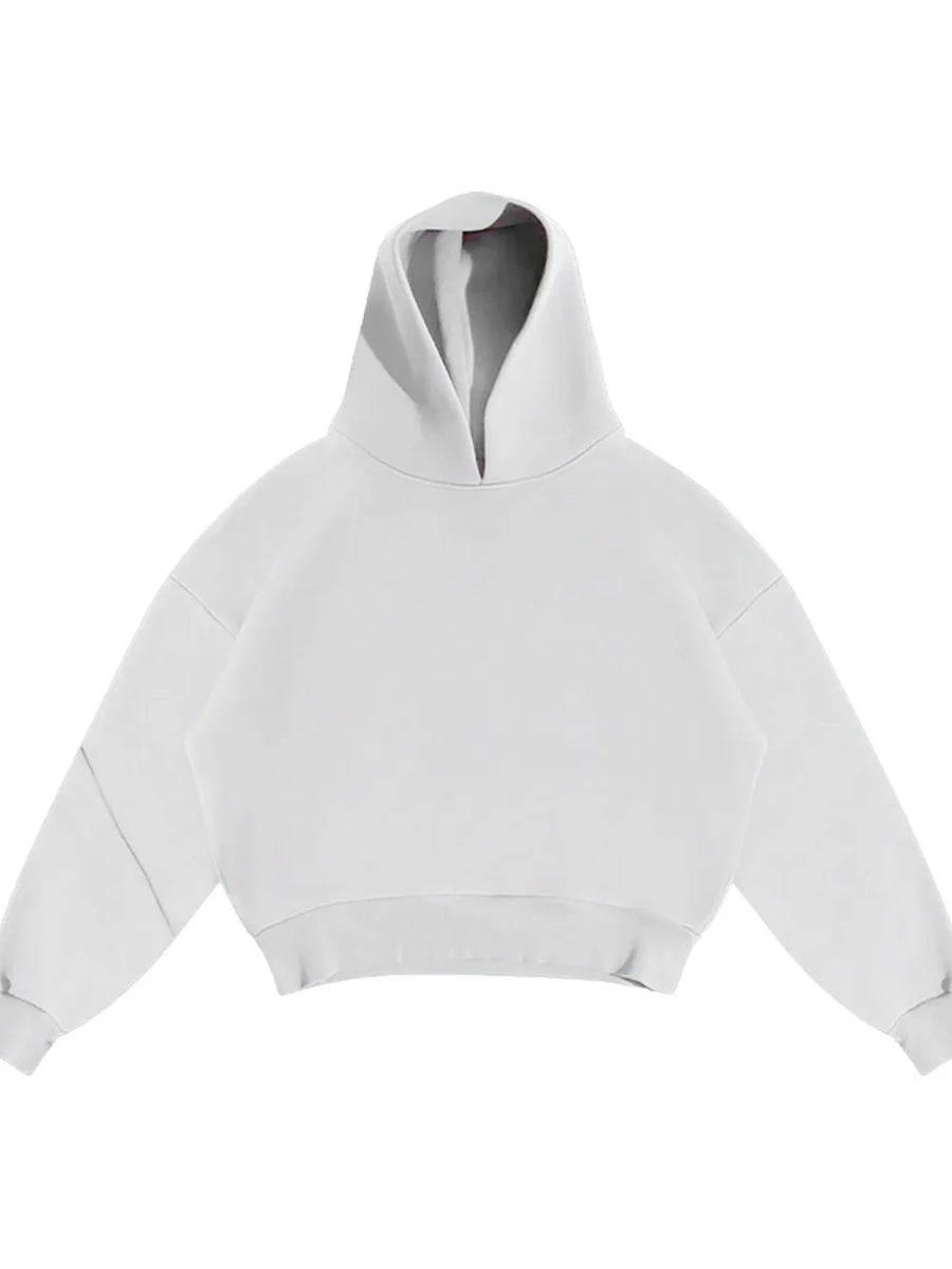 Oversized white hooded sweatshirt with drop shoulders and a relaxed fit.