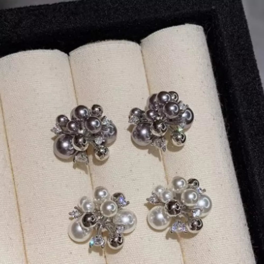 Elegant pearl cluster earrings with zircon accents in light gray and white