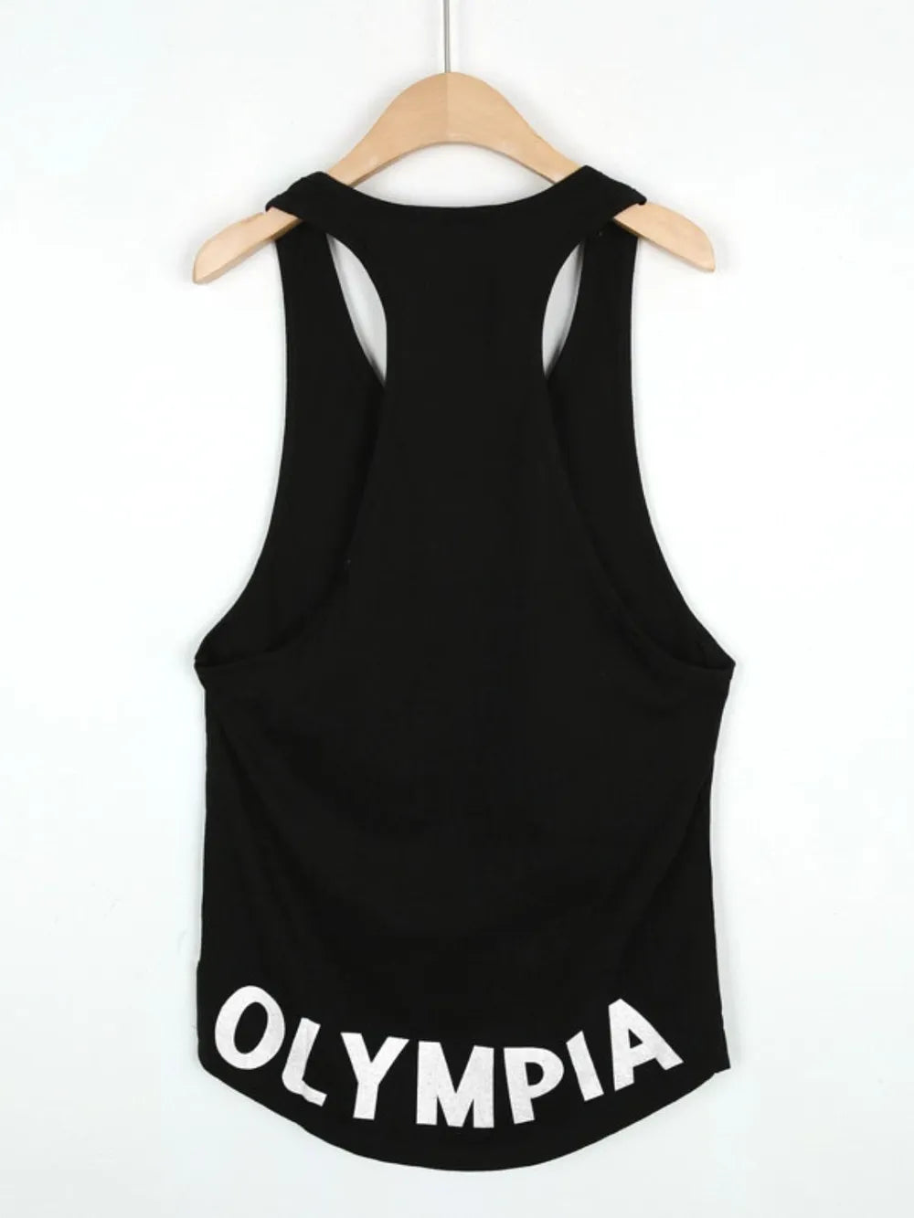 Black Olympia racerback tank top with white text detail