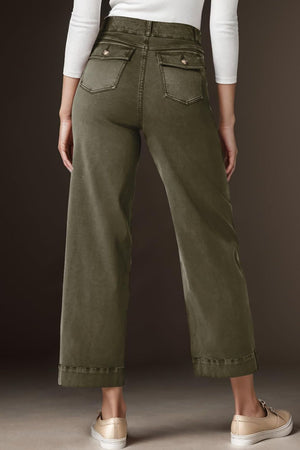 Olive brown wide-leg denim trousers with buttoned back pockets and cuffed hems.