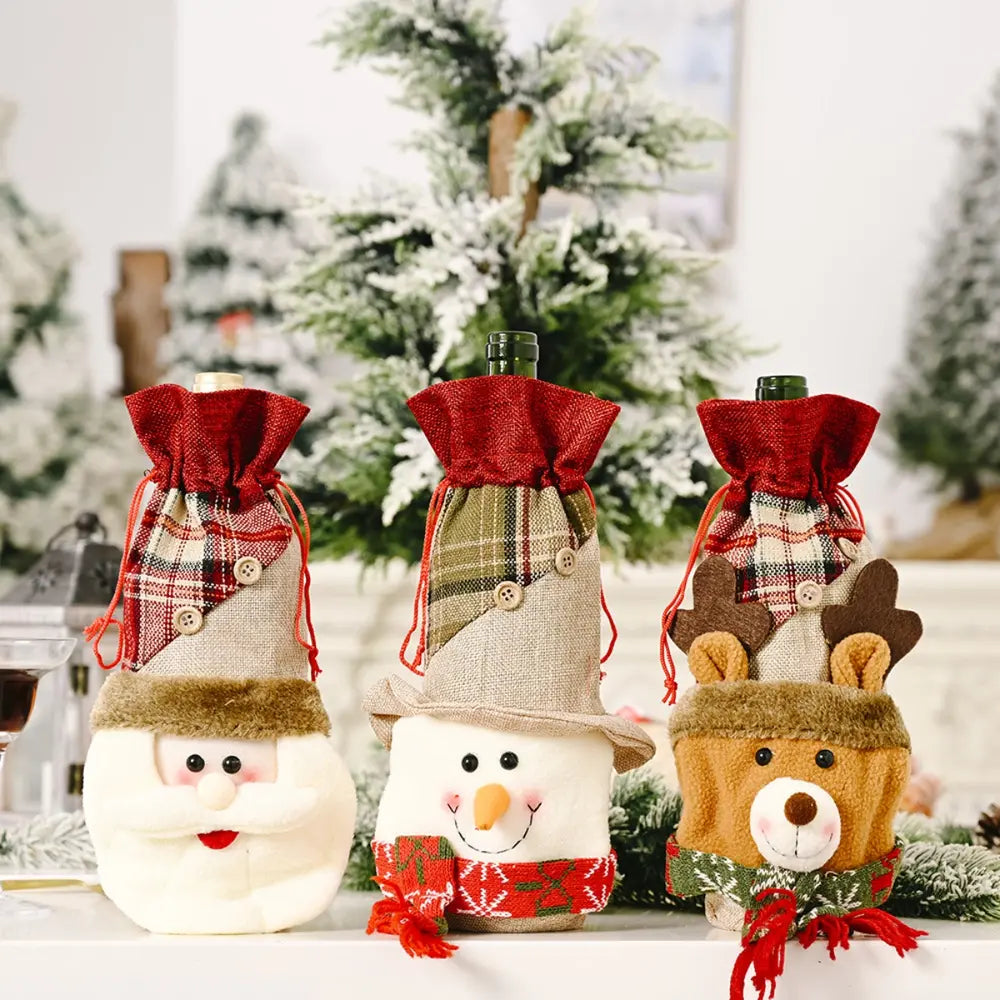 Holiday wine bottle covers in Santa, snowman, and reindeer designs with plaid and burlap accents.
