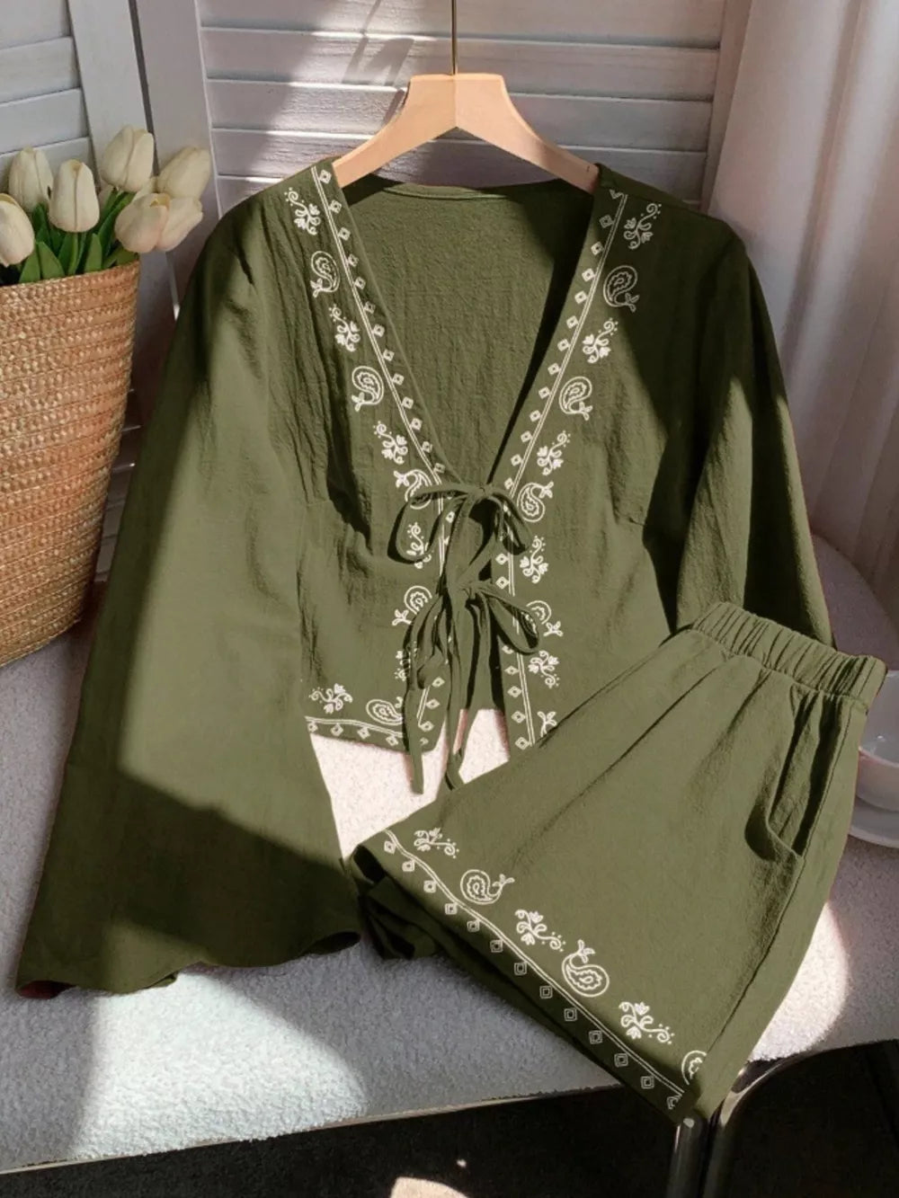 Embroidered tie-front top and shorts set in army green with white paisley detail.