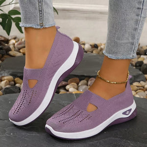Purple breathable mesh slip-on shoes with white soles and a chunky sole.