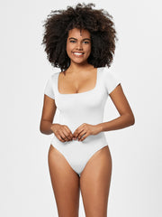 White square neck short sleeve bodysuit with a high cut leg