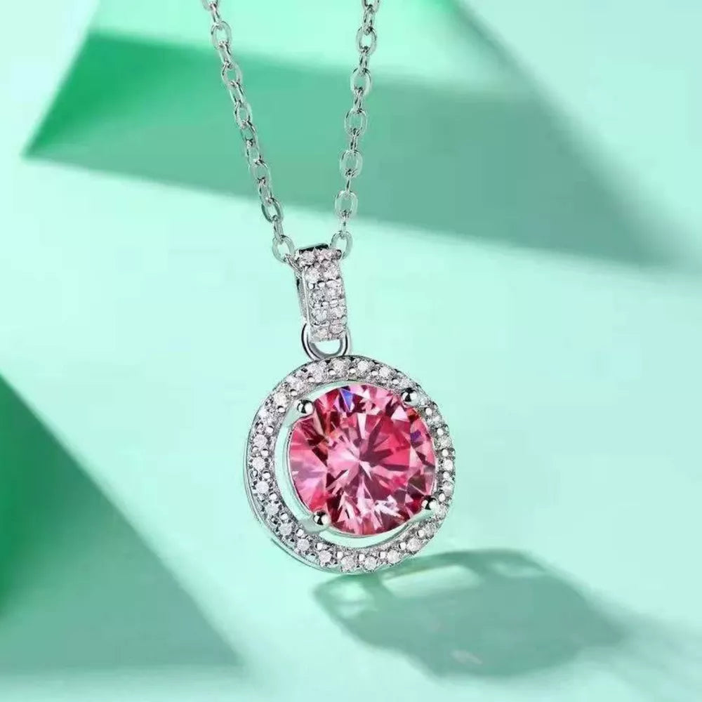 necklace in pink featuring faceted moissanite and jewelry fit