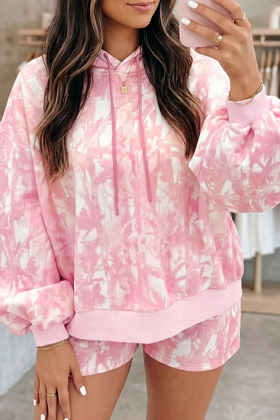 Abstract Print Loose Hoodie And Slim Shorts Set option 3