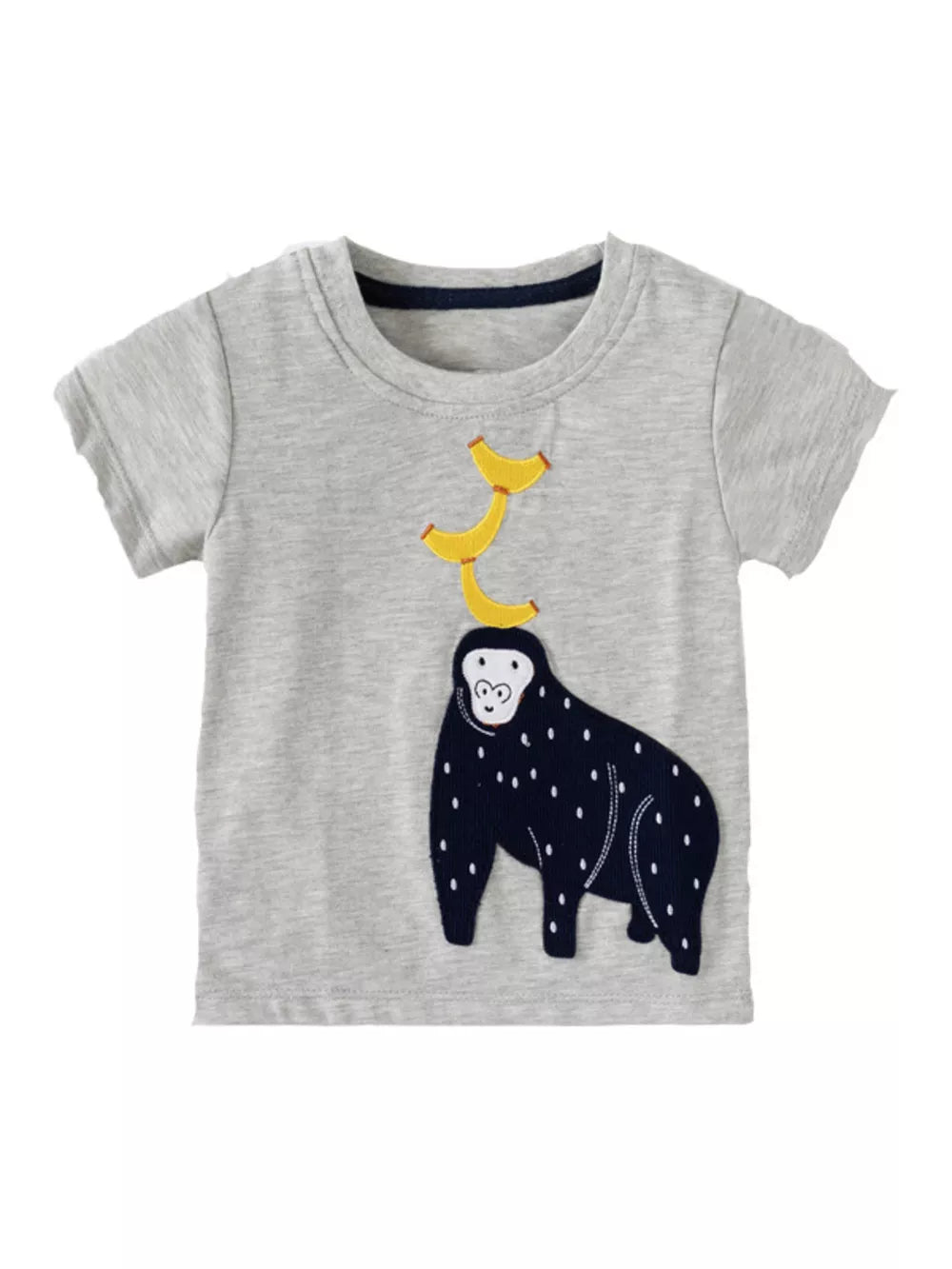 Grey t-shirt with a playful monkey and banana applique.