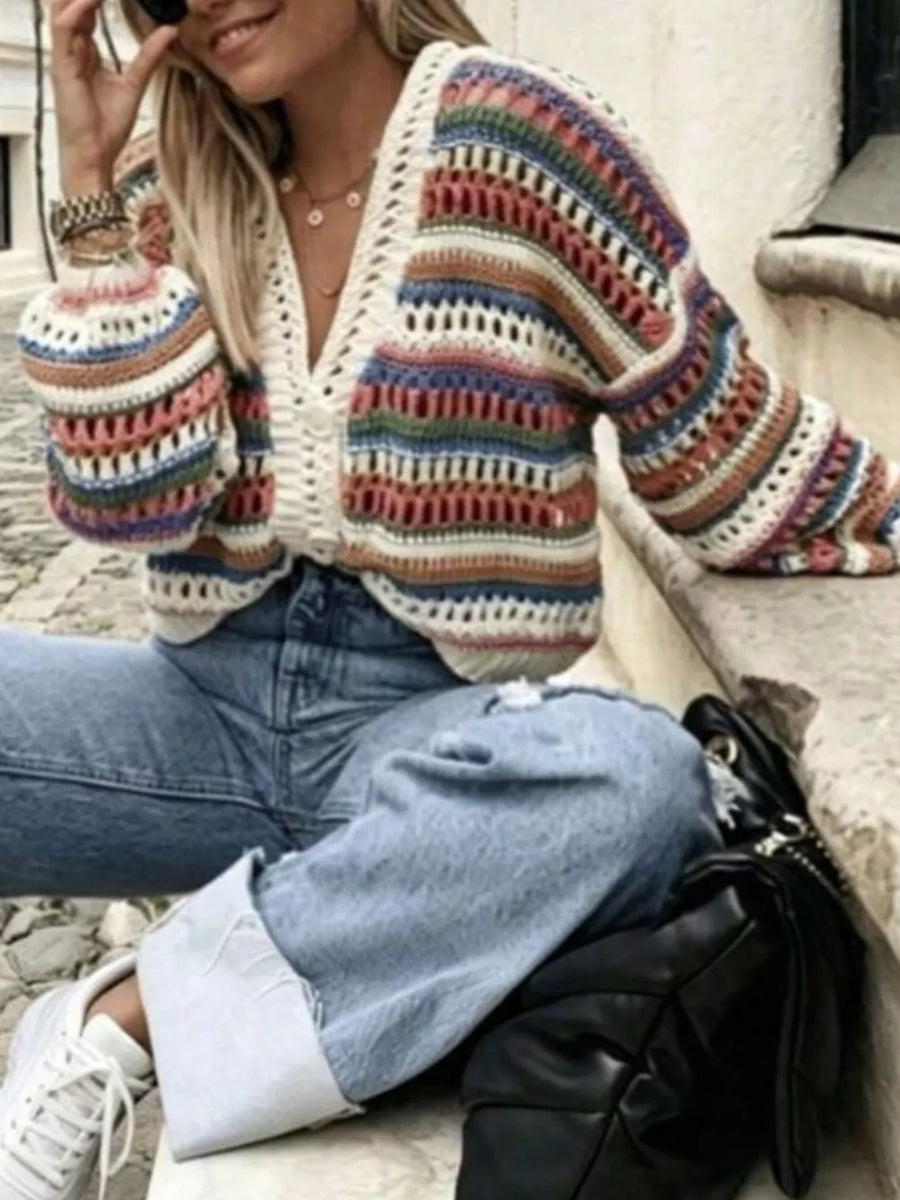 Striped Crochet Knit Cardigan in Color Stripes