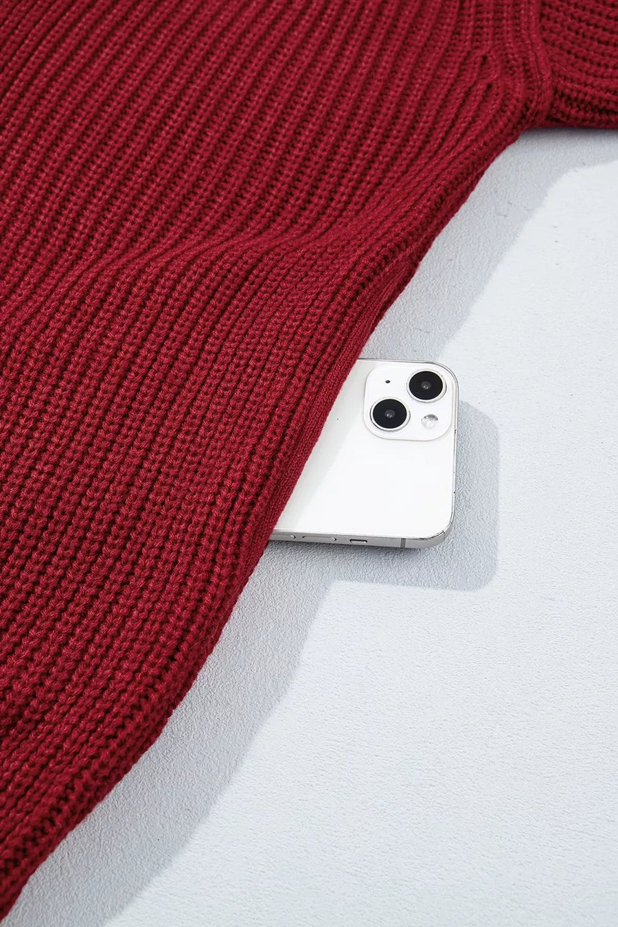 Solid Color Knit Oversized Button Front Cardigan in Burgundy with pocketed