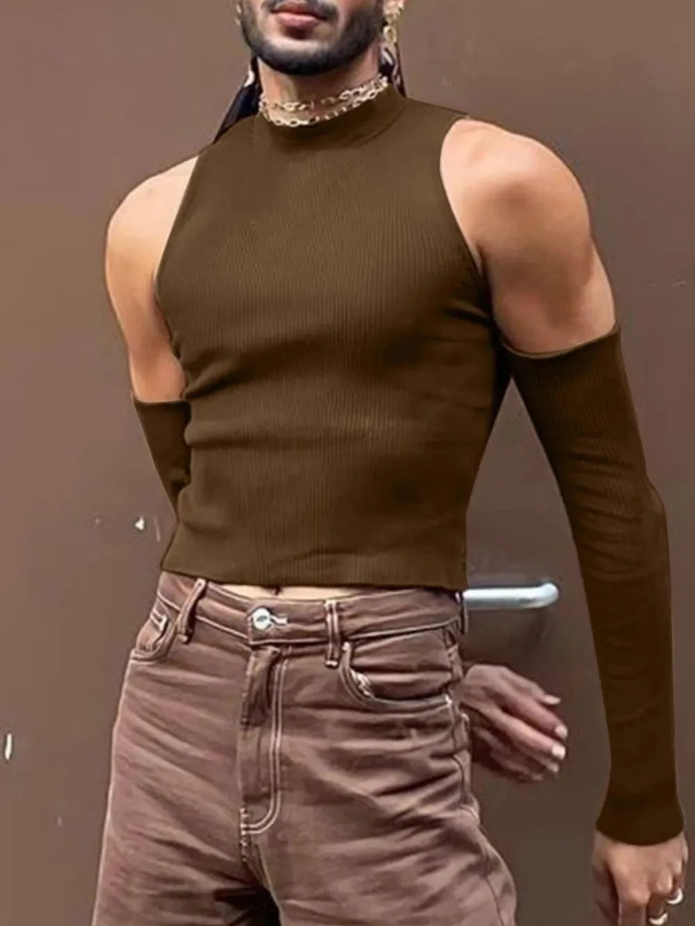 Sleeveless ribbed mock neck top in coffee brown with detachable sleeves.