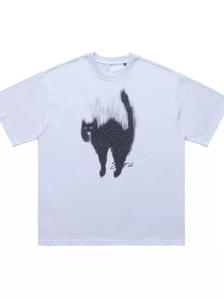 White cotton t-shirt with a black cat graphic and blue rhinestone eyes.