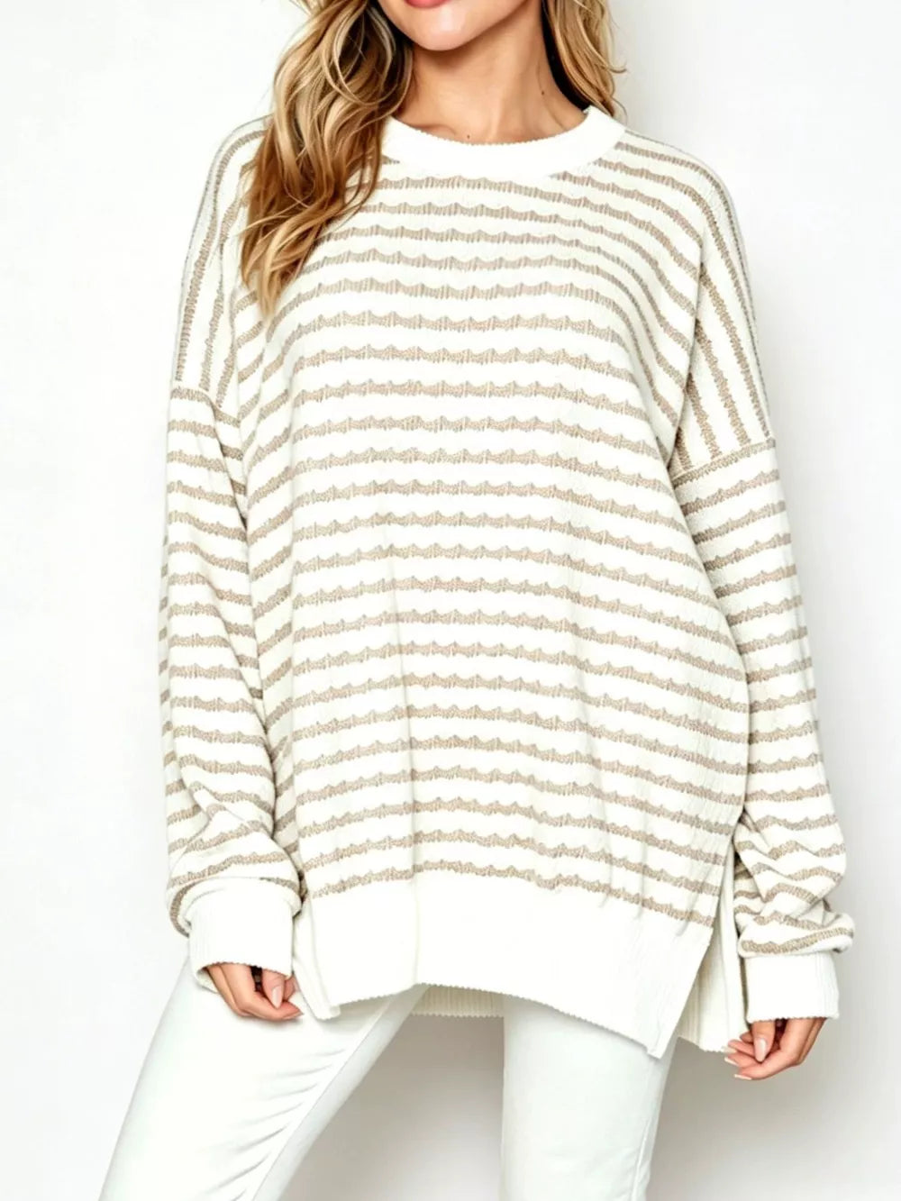 cream pullover sweater with striped and crew neck