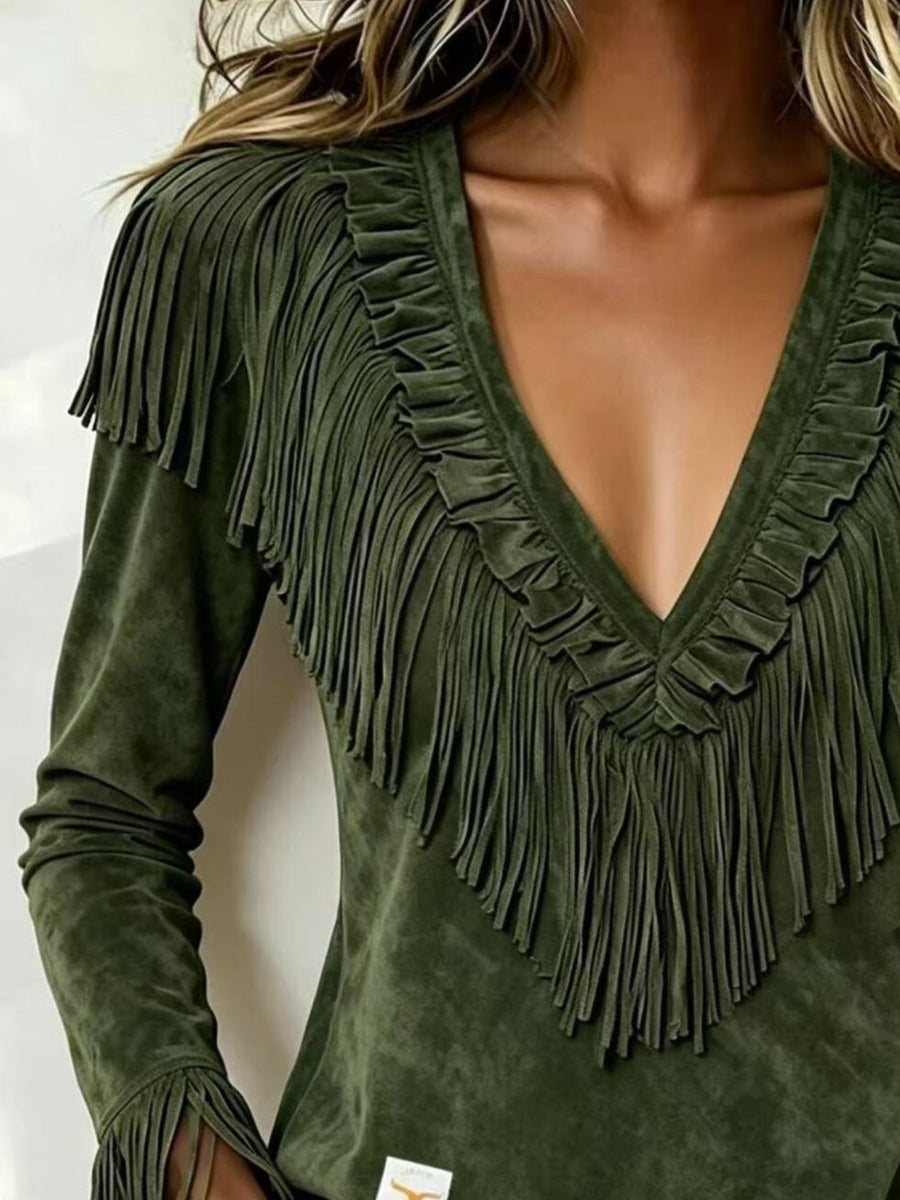 Taupe regular blouse with deep v-neck