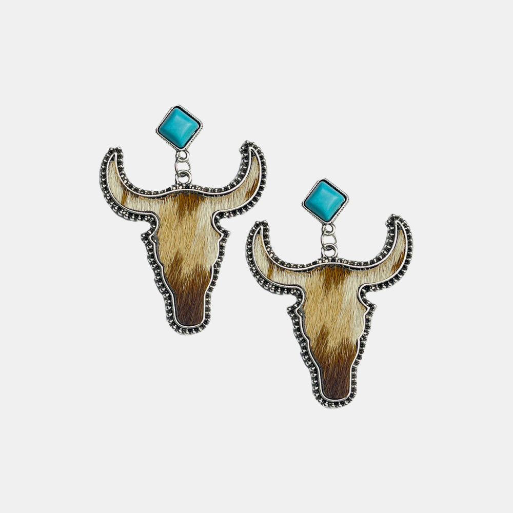 Cowhide bull head earrings with turquoise stones and silver trim