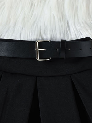 Black pleated skirt with a faux leather belt and silver buckle detail