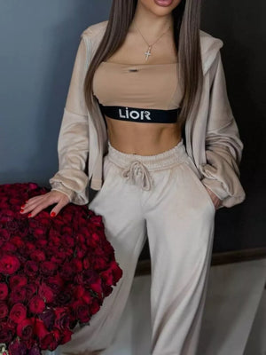 Zip Up Cropped Outerwear And Pants Set in Apricot, view 15