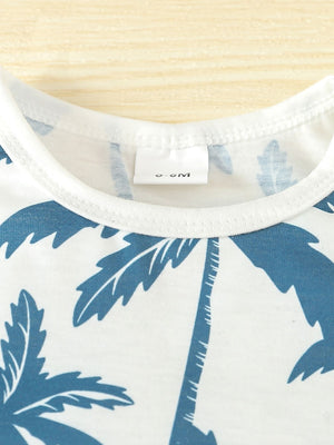 Baby set with blue palm print on white cotton, crew neck
