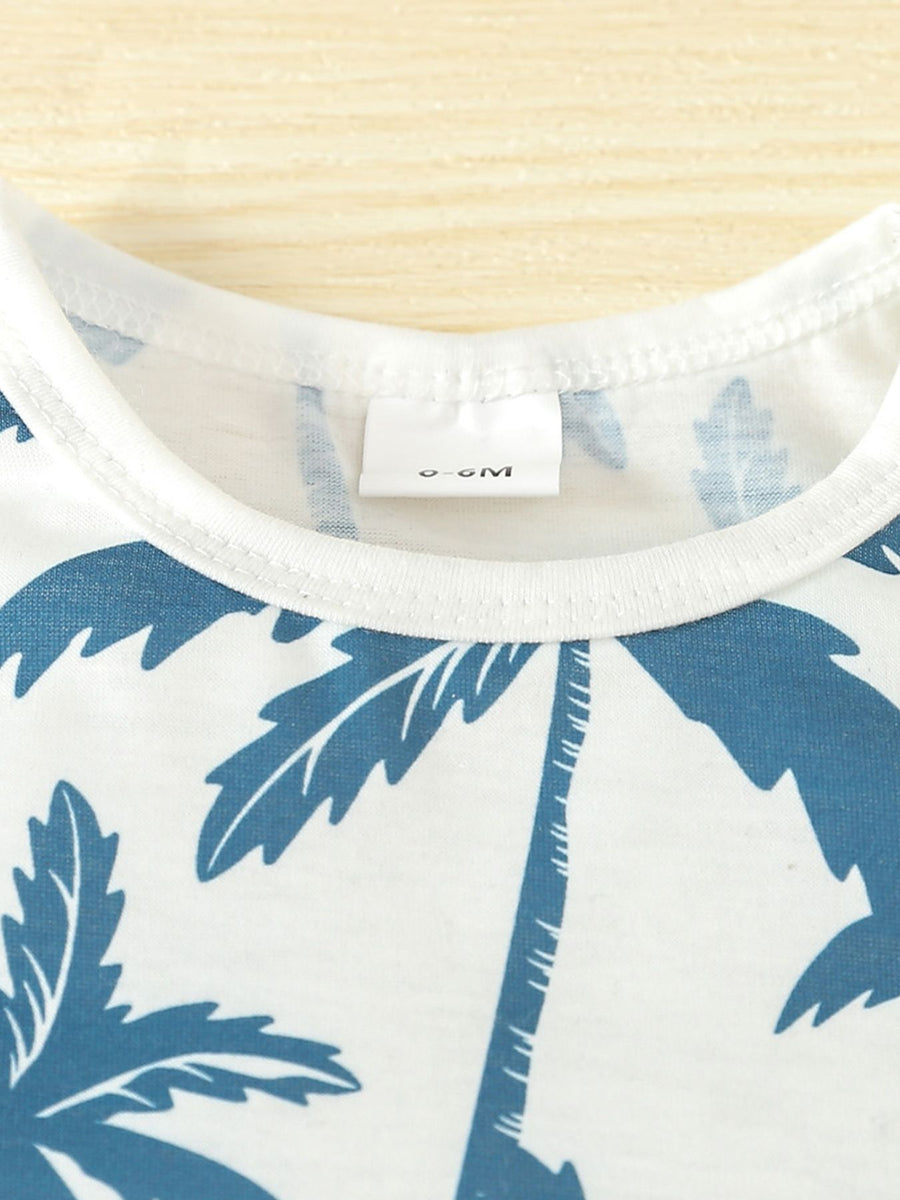 Baby set with blue palm print on white cotton, crew neck