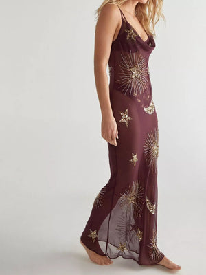 Brown sheer celestial sequin cover-up dress with cowl neck and spaghetti straps.