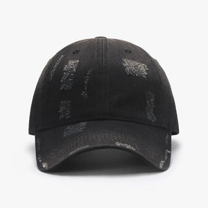 Black distressed cotton baseball cap with frayed details
