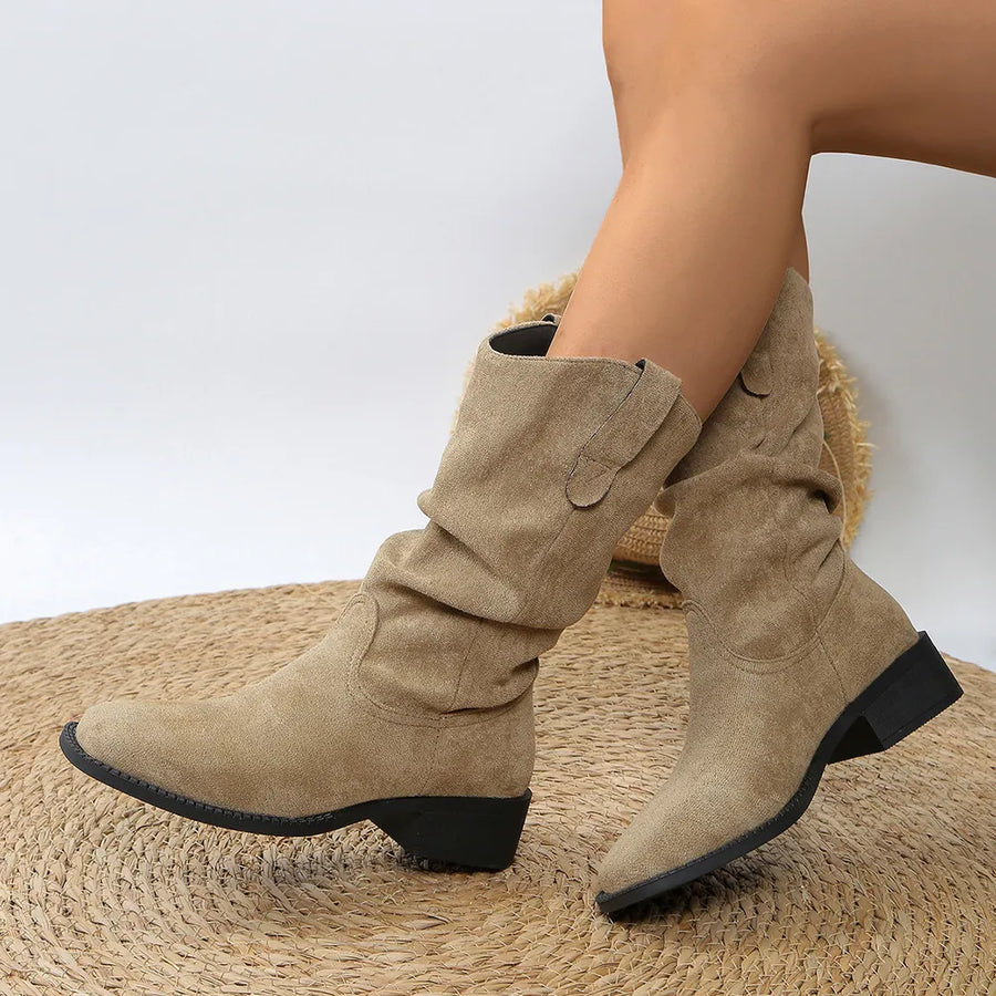Slouchy tan suede ankle boots with pointed toe and low block heel.