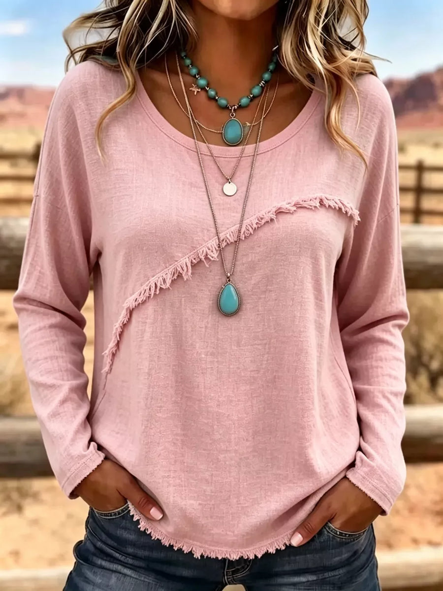 Green Full Size Fringe Detail Long Sleeve T-shirt Plus Size