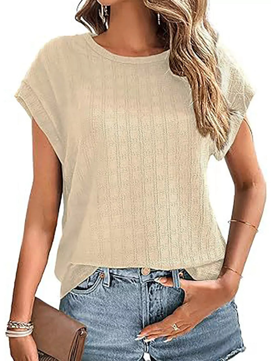 Textured Round Neck Short Sleeve Top in Malachite Green