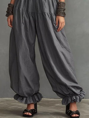 Full Size Smocked Ruffle Hem Wide Leg Pants in Mustard, view 11