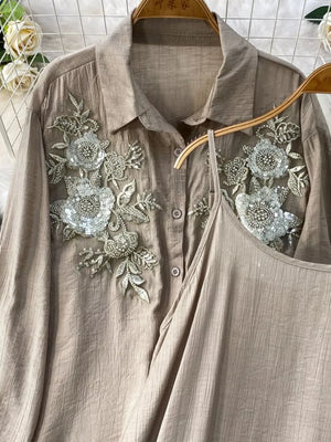Apricot embroidered floral two-piece set with collared shirt and camisole.
