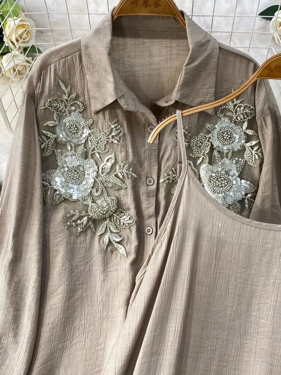 Apricot embroidered floral two-piece set with collared shirt and camisole.