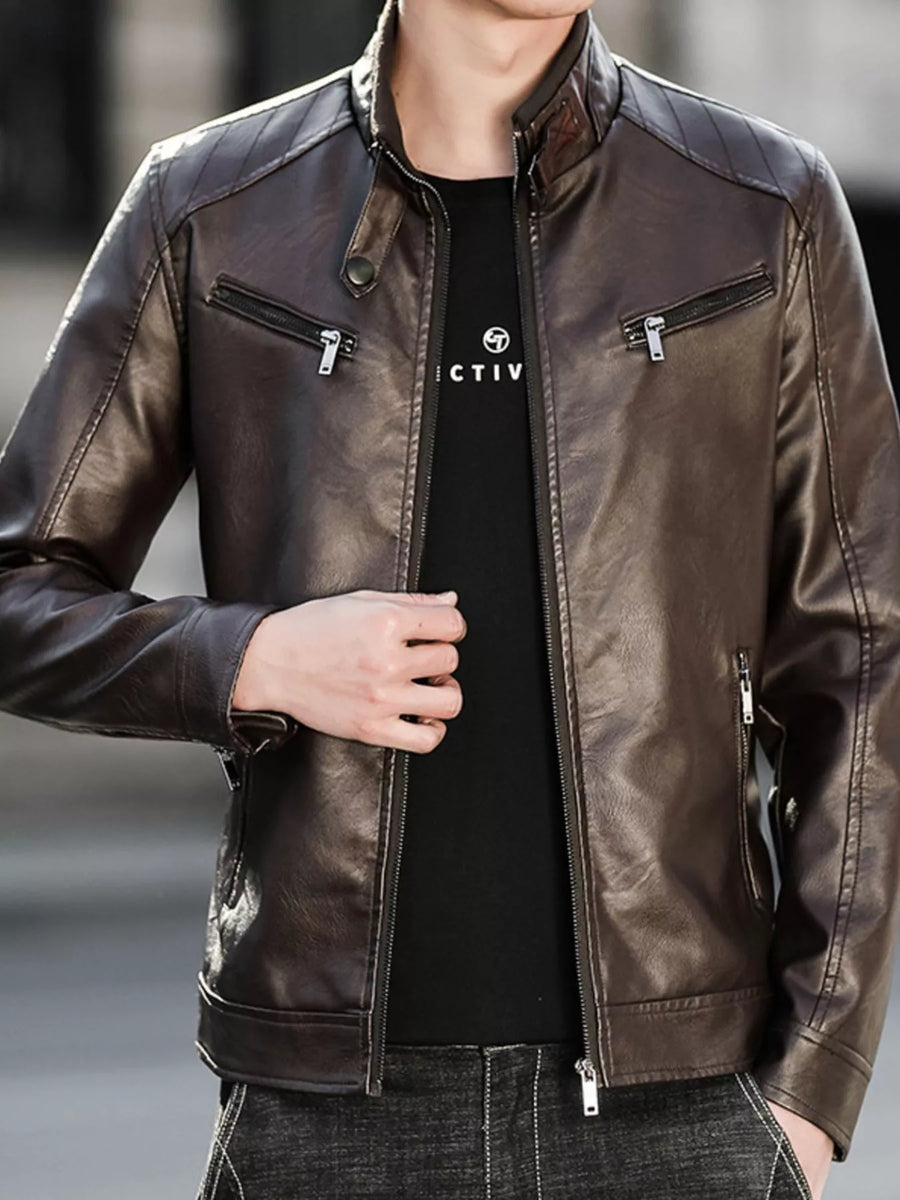 Men's Coffee Regular leather jacket with zip front, stand collar, and zippered pockets.