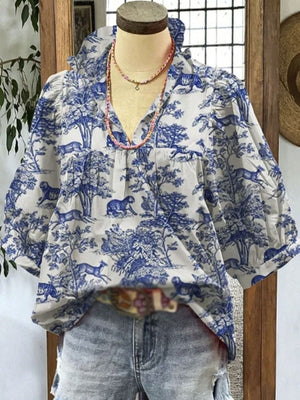 White and blue toile de Jouy half sleeve blouse with frill collar and cinched waist